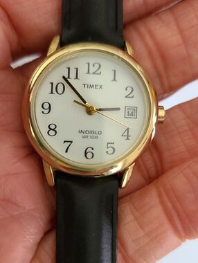 Timex Gold Case White Dial Black Leather Strap Watch